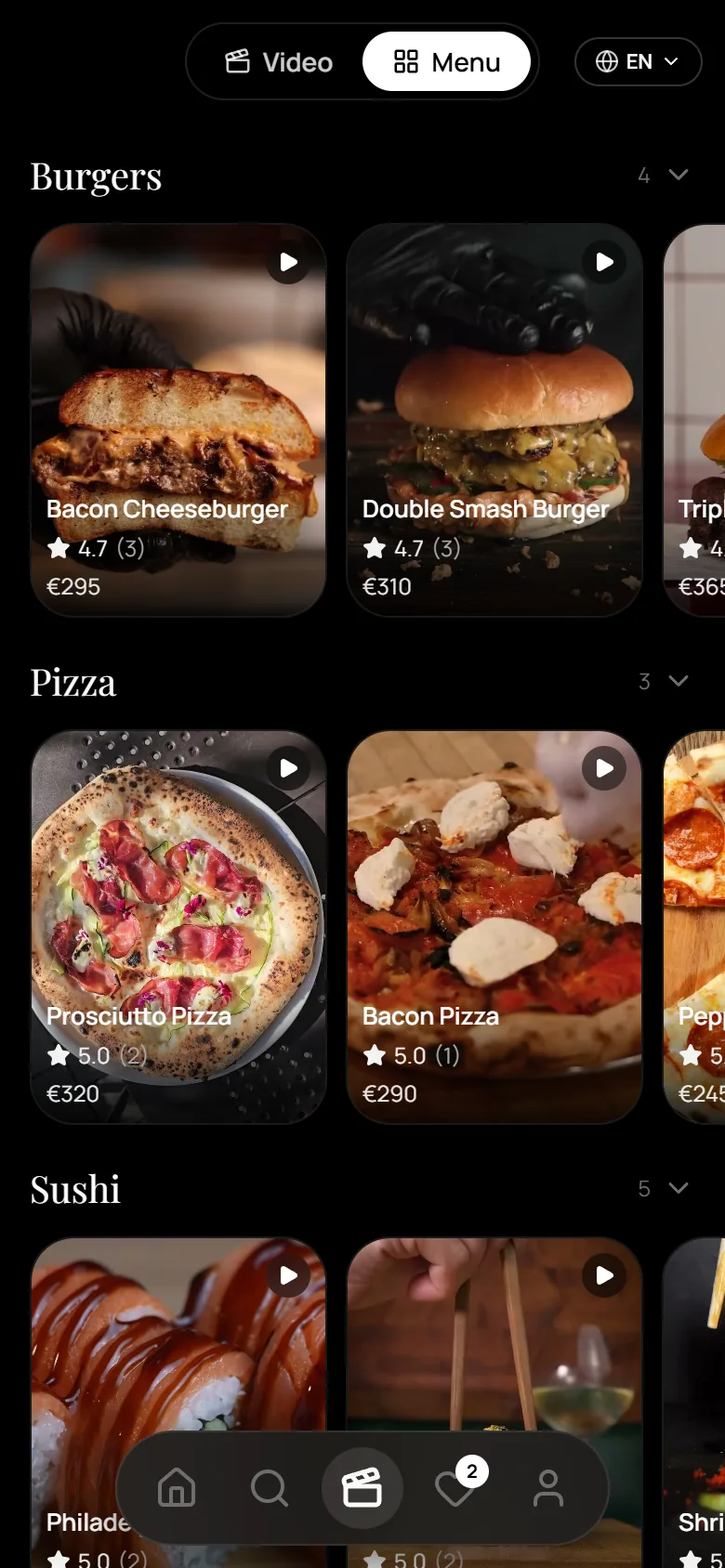 Menu catalog: Burgers, Pizza and Sushi with photos, ratings and prices; each photo has a play button