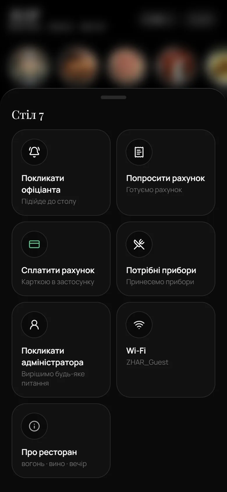 Швидкі дії для столу 7: покликати офіціанта, попросити рахунок, сплатити рахунок, потрібні прибори, покликати адміністратора, Wi-Fi, про ресторан